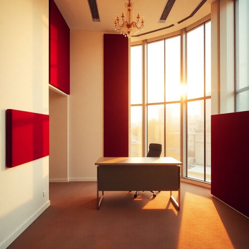 Editorial corporate interior with cream walls and deep burgundy accent panels in golden hour light